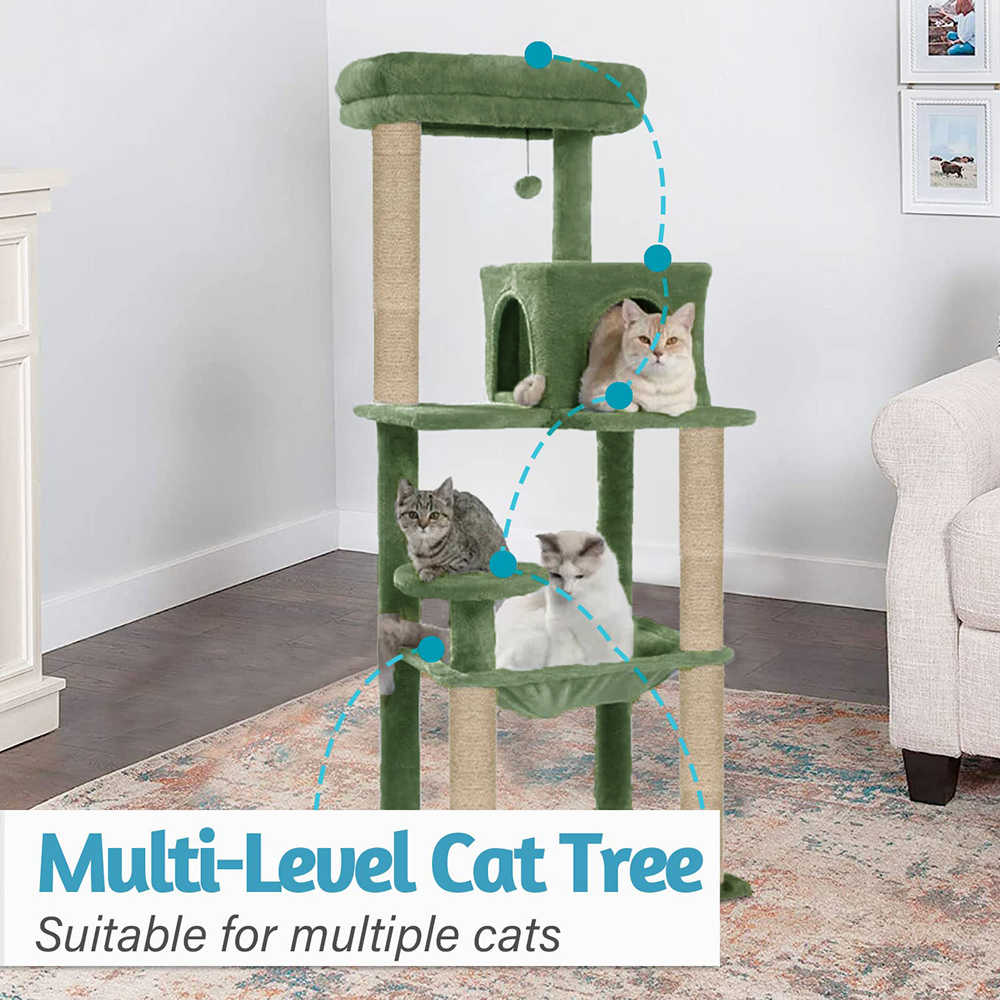 Furrlovers Cat Tree with Condo, Hammock, Hanging Ball & Jute Rope Scratching Posts (Green)