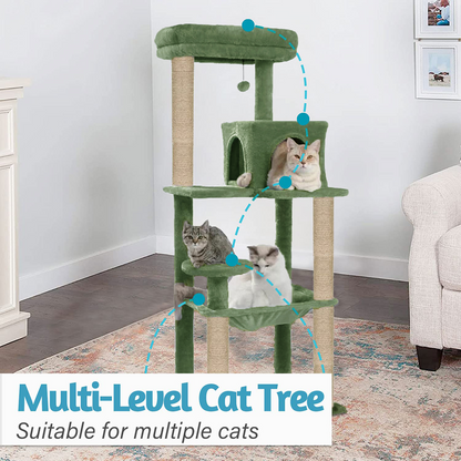Furrlovers Cat Tree with Condo, Hammock, Hanging Ball & Jute Rope Scratching Posts (Green)