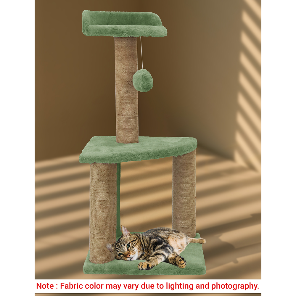 Furrlovers Two Floor Soft Fur Activity Cat Tree for Kittens & Cats with Scratching Post, Natural Sisal Rope & Hanging Ball (Green)