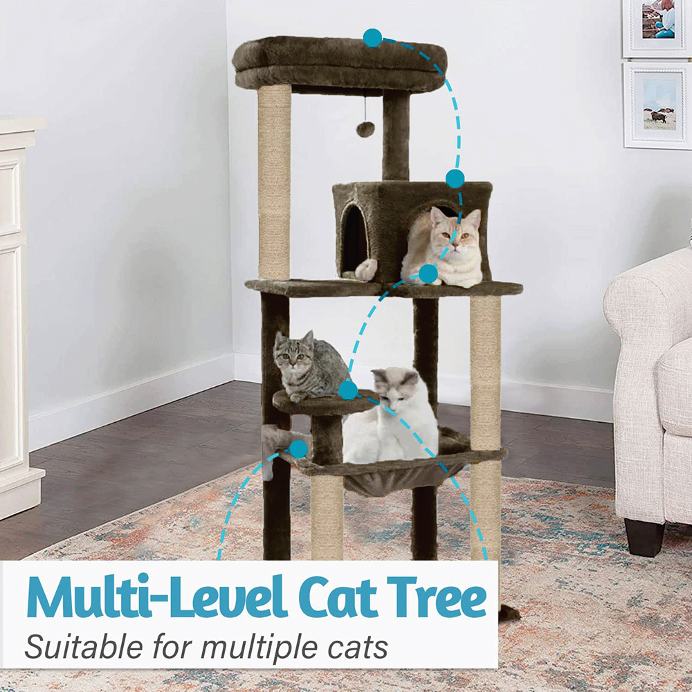 Furrlovers Cat Tree with Condo, Hammock, Hanging Ball & Jute Rope Scratching Posts (Brown)