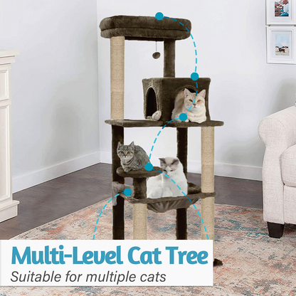 Furrlovers Cat Tree with Condo, Hammock, Hanging Ball & Jute Rope Scratching Posts (Brown)