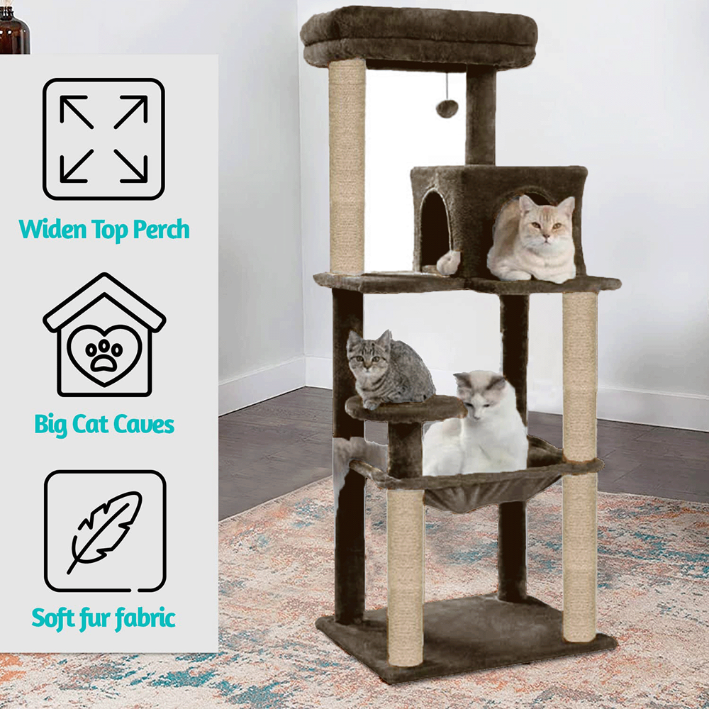 Furrlovers Cat Tree with Condo, Hammock, Hanging Ball & Jute Rope Scratching Posts (Brown)