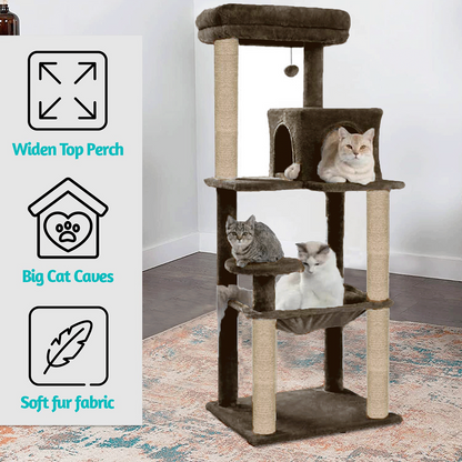 Furrlovers Cat Tree with Condo, Hammock, Hanging Ball & Jute Rope Scratching Posts (Brown)