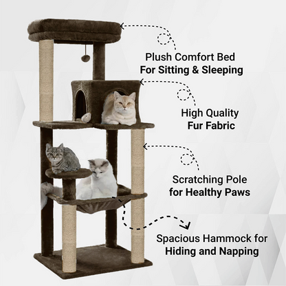 Furrlovers Cat Tree with Condo, Hammock, Hanging Ball & Jute Rope Scratching Posts (Brown)