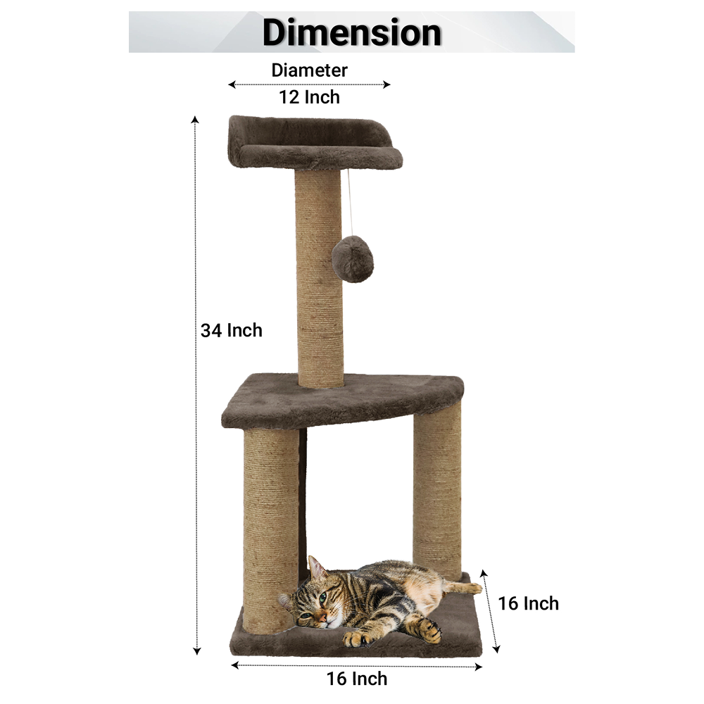 Furrlovers Two Floor Soft Fur Activity Cat Tree for Kittens & Cats with Scratching Post, Natural Sisal Rope & Hanging Ball (Brown)