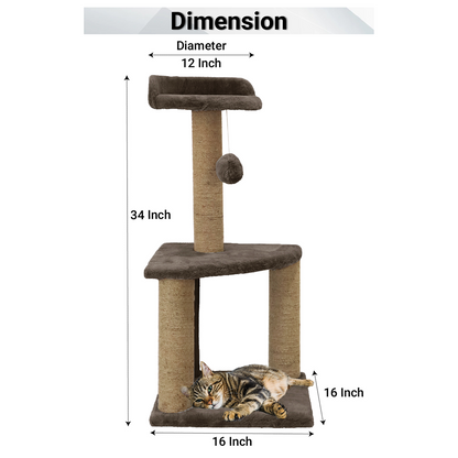 Furrlovers Two Floor Soft Fur Activity Cat Tree for Kittens & Cats with Scratching Post, Natural Sisal Rope & Hanging Ball (Brown)