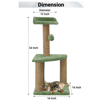 Furrlovers Two Floor Soft Fur Activity Cat Tree for Kittens & Cats with Scratching Post, Natural Sisal Rope & Hanging Ball (Green)