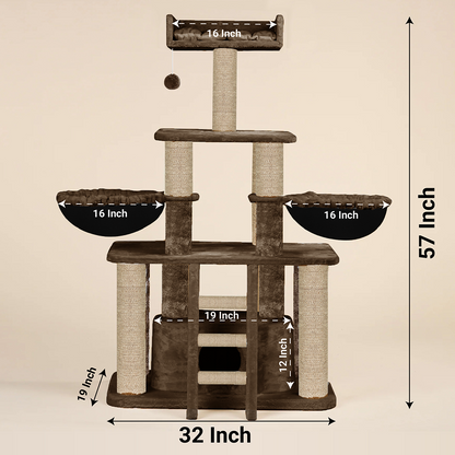 Furrlovers Fur Fabric Cat Tree with Hammocks, Condo & Jute Rope Scratching Posts (Brown)