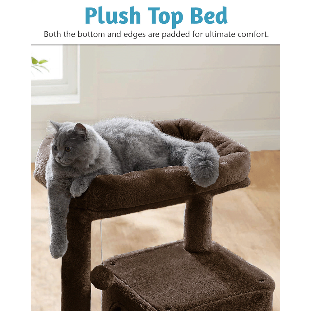 Furrlovers Fur Fabric Cat Tree with Ladder, Hanging Toy & Jute Rope Scratching Post (Brown)