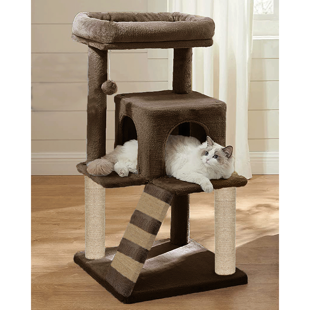 Furrlovers Fur Fabric Cat Tree with Ladder, Hanging Toy & Jute Rope Scratching Post (Brown)