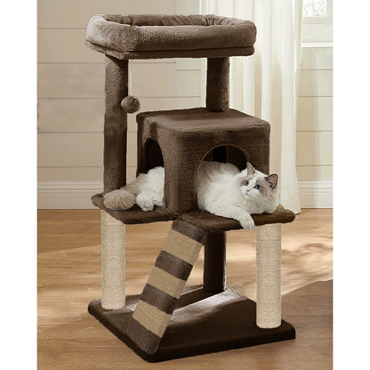 Furrlovers Fur Fabric Cat Tree with Ladder, Hanging Toy & Jute Rope Scratching Post (Brown)
