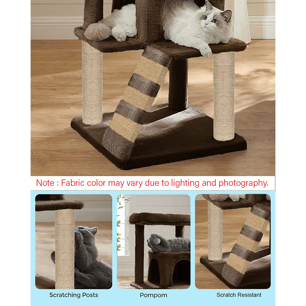Furrlovers Fur Fabric Cat Tree with Ladder, Hanging Toy & Jute Rope Scratching Post (Brown)