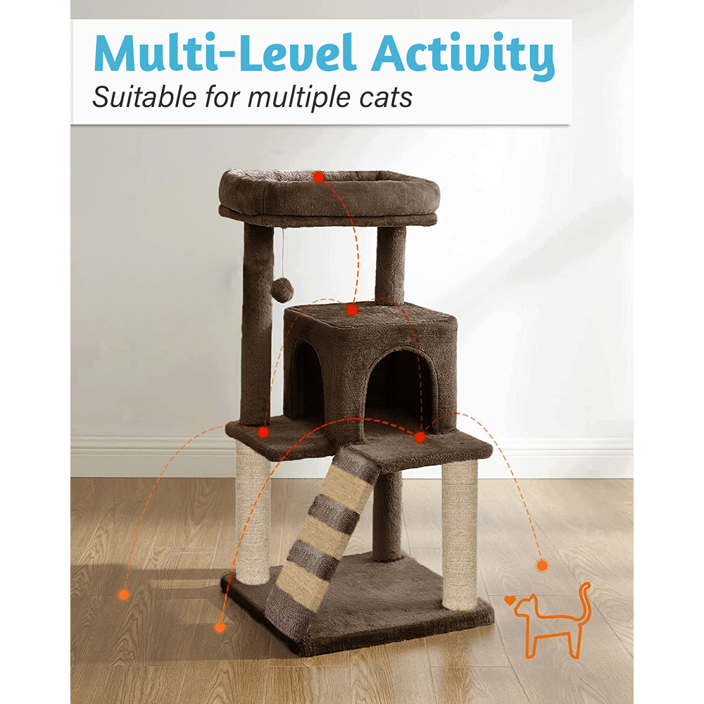Furrlovers Fur Fabric Cat Tree with Ladder, Hanging Toy & Jute Rope Scratching Post (Brown)