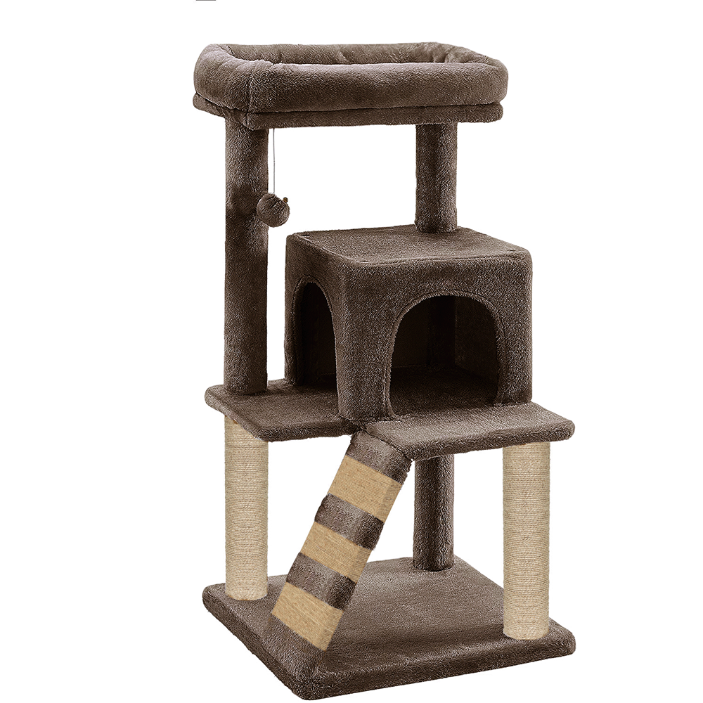 Furrlovers Fur Fabric Cat Tree with Ladder, Hanging Toy & Jute Rope Scratching Post (Brown)