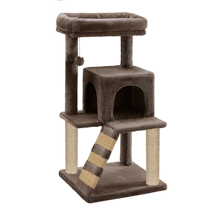 Furrlovers Fur Fabric Cat Tree with Ladder, Hanging Toy & Jute Rope Scratching Post (Brown)