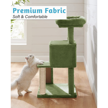 Furrlovers Fur Fabric Cat Tree with Ladder, Hanging Toy & Jute Rope Scratching Post (Green)