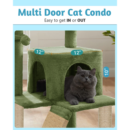 Furrlovers Fur Fabric Cat Tree with Ladder, Hanging Toy & Jute Rope Scratching Post (Green)