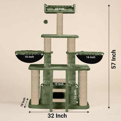 Furrlovers Fur Fabric Cat Tree with Hammocks, Condo & Jute Rope Scratching Posts (Green)