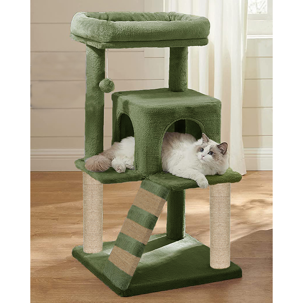 Furrlovers Fur Fabric Cat Tree with Ladder, Hanging Toy & Jute Rope Scratching Post (Green)