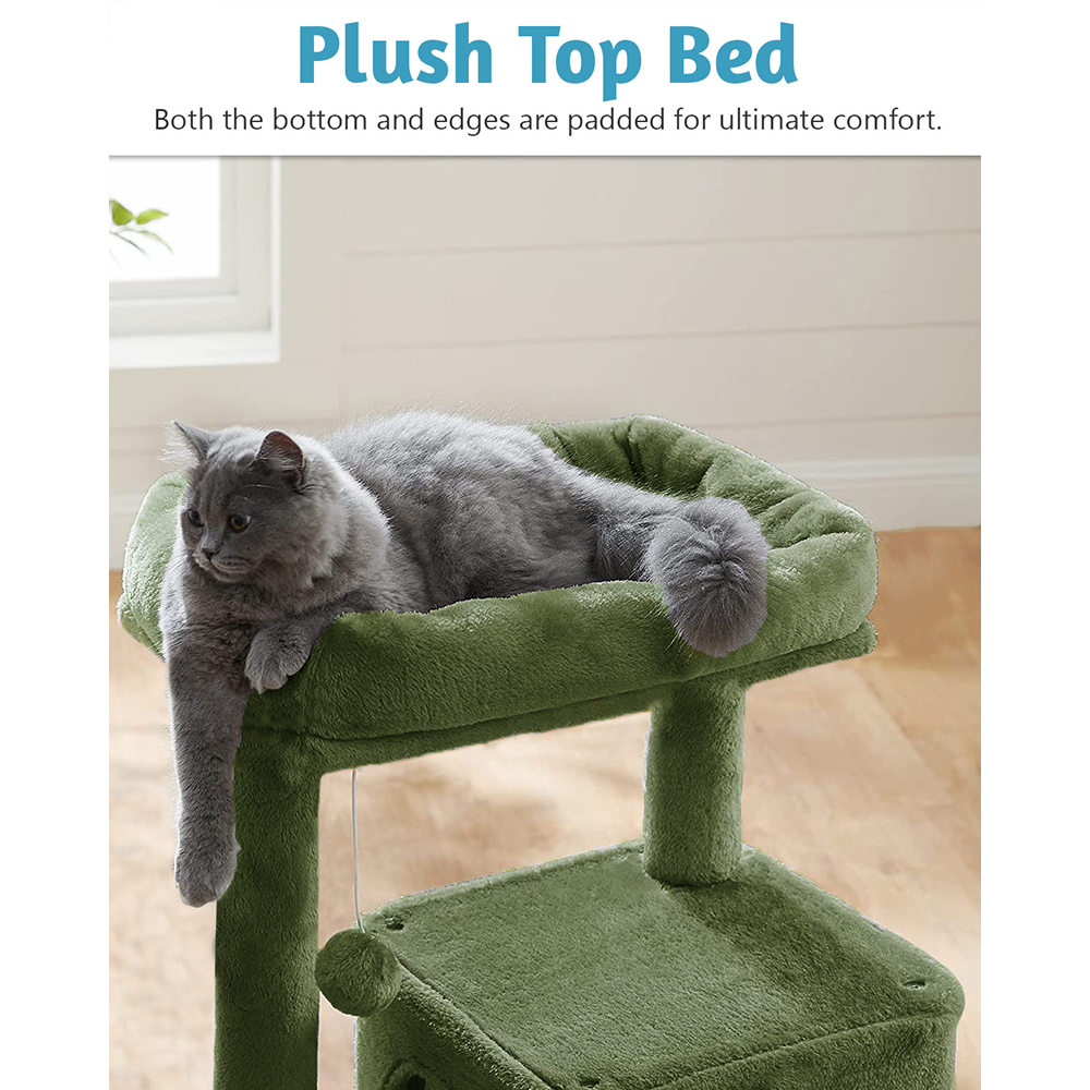 Furrlovers Fur Fabric Cat Tree with Ladder, Hanging Toy & Jute Rope Scratching Post (Green)
