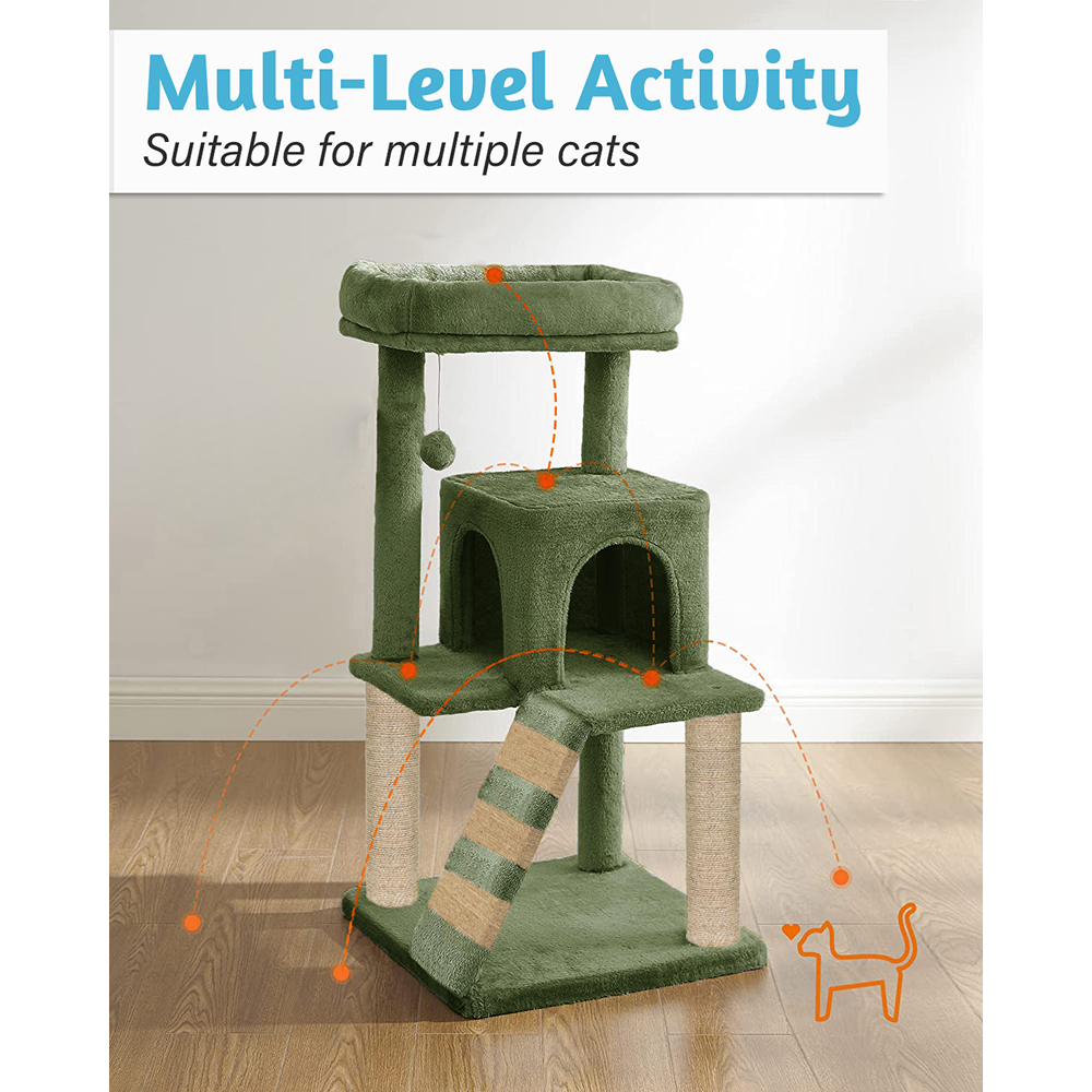 Furrlovers Fur Fabric Cat Tree with Ladder, Hanging Toy & Jute Rope Scratching Post (Green)