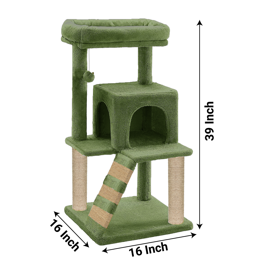 Furrlovers Fur Fabric Cat Tree with Ladder, Hanging Toy & Jute Rope Scratching Post (Green)