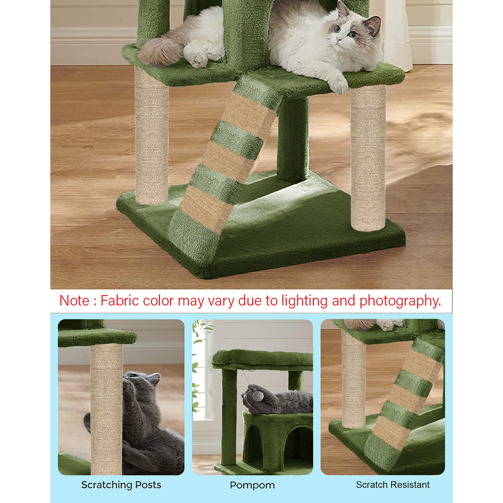Furrlovers Fur Fabric Cat Tree with Ladder, Hanging Toy & Jute Rope Scratching Post (Green)