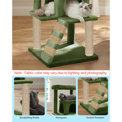 Furrlovers Fur Fabric Cat Tree with Ladder, Hanging Toy & Jute Rope Scratching Post (Green)