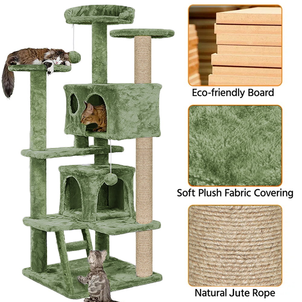 Furrlovers Multi Condo Kitten & Cat Tree with Plush Fur Fabric, Ladder, Top Perches, Playing Balls & Jute Rope Scratching Posts (Green)