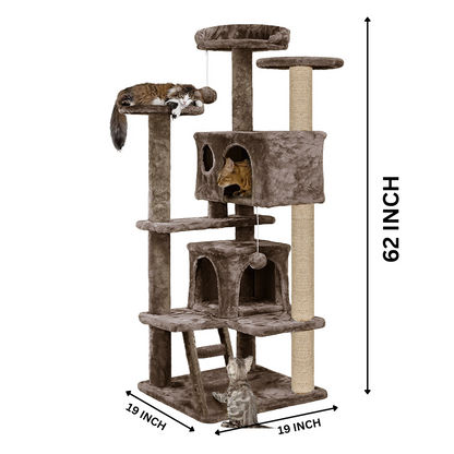 Furrlovers Multi Condo Kitten & Cat Tree with Plush Fur Fabric, Ladder, Top Perches, Playing Balls & Jute Rope Scratching Posts (Brown)