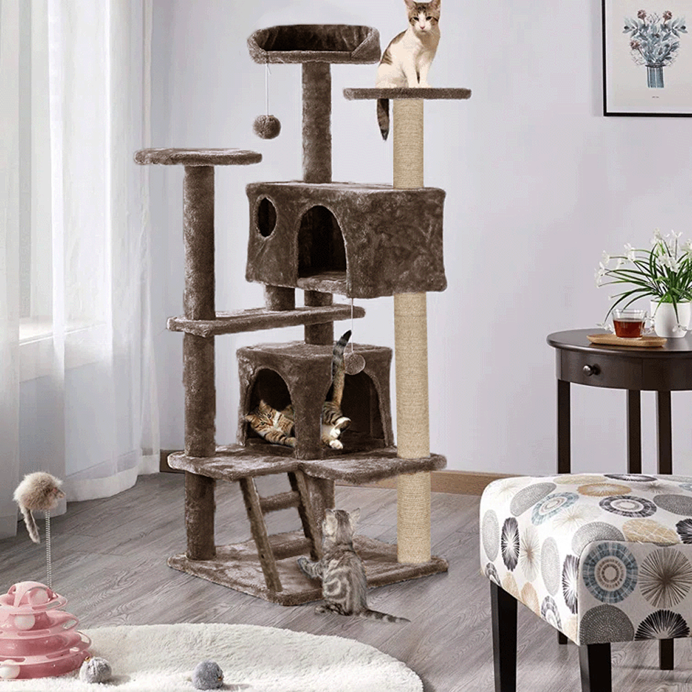Furrlovers Multi Condo Kitten & Cat Tree with Plush Fur Fabric, Ladder, Top Perches, Playing Balls & Jute Rope Scratching Posts (Brown)