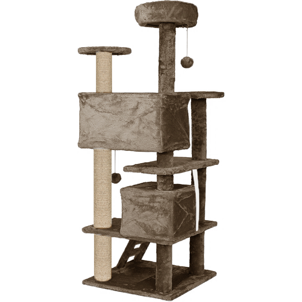 Furrlovers Multi Condo Kitten & Cat Tree with Plush Fur Fabric, Ladder, Top Perches, Playing Balls & Jute Rope Scratching Posts (Brown)