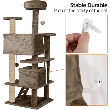 Furrlovers Multi Condo Kitten & Cat Tree with Plush Fur Fabric, Ladder, Top Perches, Playing Balls & Jute Rope Scratching Posts (Brown)