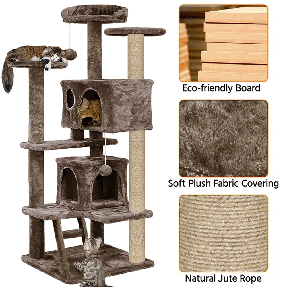Furrlovers Multi Condo Kitten & Cat Tree with Plush Fur Fabric, Ladder, Top Perches, Playing Balls & Jute Rope Scratching Posts (Brown)