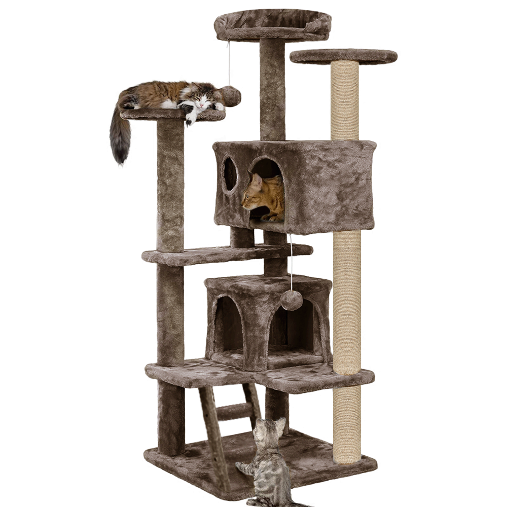 Furrlovers Multi Condo Kitten & Cat Tree with Plush Fur Fabric, Ladder, Top Perches, Playing Balls & Jute Rope Scratching Posts (Brown)