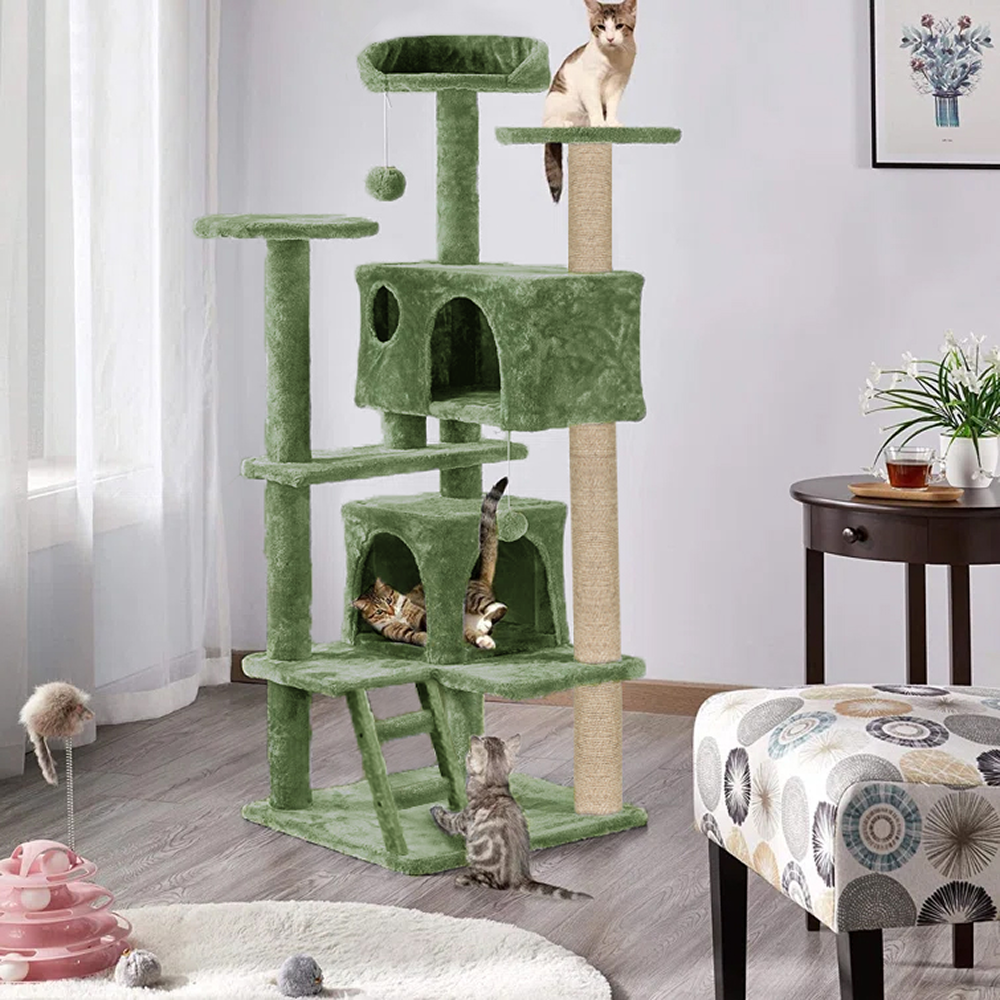 Furrlovers Multi Condo Kitten & Cat Tree with Plush Fur Fabric, Ladder, Top Perches, Playing Balls & Jute Rope Scratching Posts (Green)
