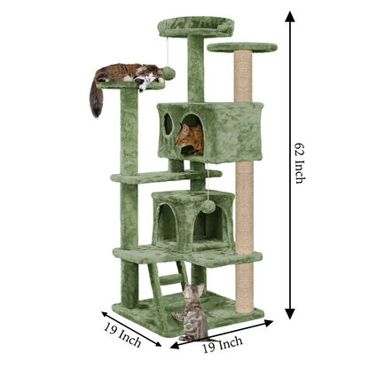 Furrlovers Multi Condo Kitten & Cat Tree with Plush Fur Fabric, Ladder, Top Perches, Playing Balls & Jute Rope Scratching Posts (Green)
