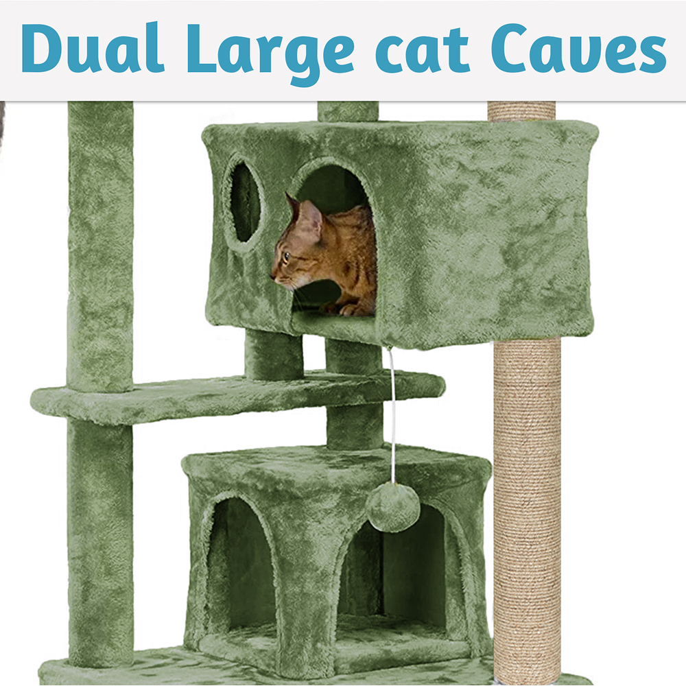 Furrlovers Multi Condo Kitten & Cat Tree with Plush Fur Fabric, Ladder, Top Perches, Playing Balls & Jute Rope Scratching Posts (Green)
