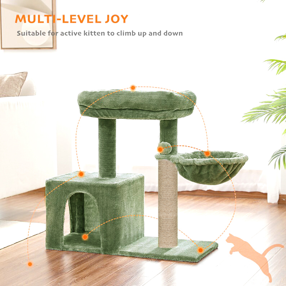 Furrlovers Multilevel Activity Tower with Plush Hammock and Perch Seats for Cats (Green)