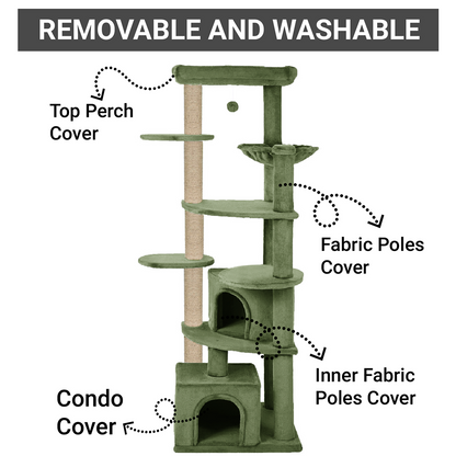 Furrlovers Multilevel Cat Tree with Scratching Posts, Condo & Top Bed with Jute Rope (Green)
