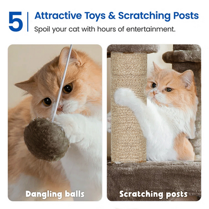 Furrlovers Multilevel Fur Fabric Cat Tree with Condos, Hanging Ball & Jute Rope Scratching Posts (Brown)