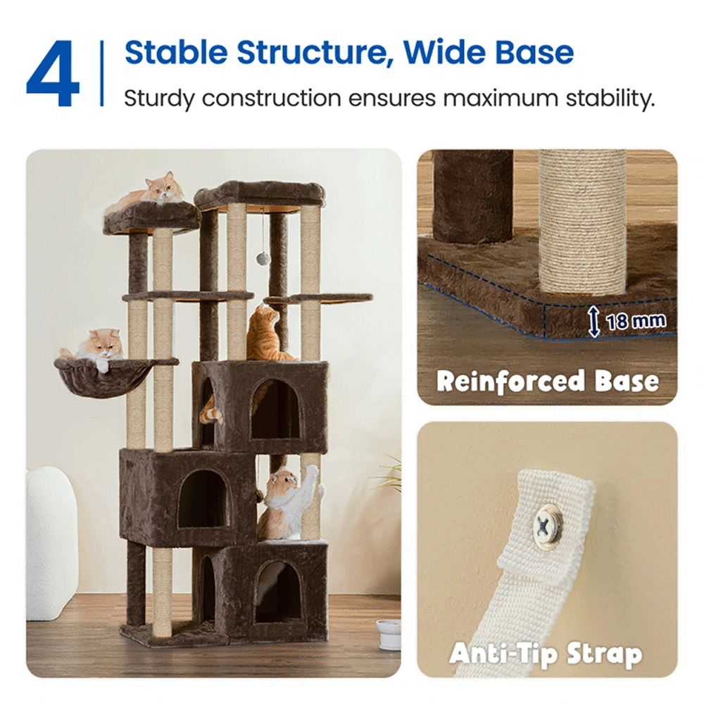 Furrlovers Multilevel Fur Fabric Cat Tree with Condos, Hanging Ball & Jute Rope Scratching Posts (Brown)
