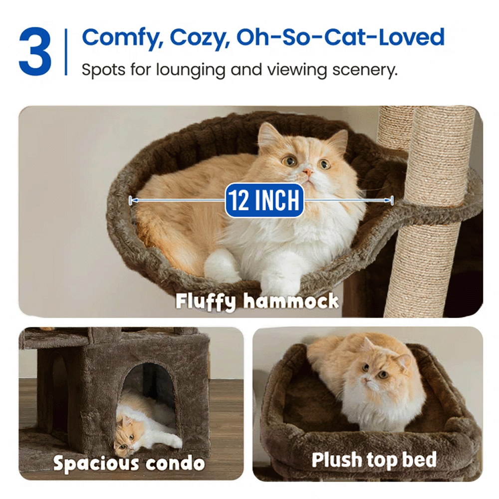 Furrlovers Multilevel Fur Fabric Cat Tree with Condos, Hanging Ball & Jute Rope Scratching Posts (Brown)