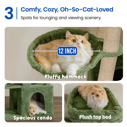 Furrlovers Multilevel Fur Fabric Cat Tree with Condos, Hanging Ball & Jute Rope Scratching Posts (Green)
