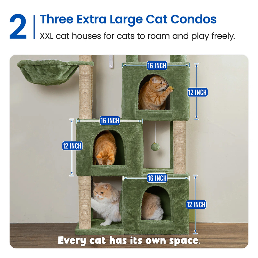 Furrlovers Multilevel Fur Fabric Cat Tree with Condos, Hanging Ball & Jute Rope Scratching Posts (Green)
