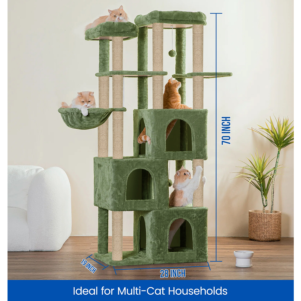 Furrlovers Multilevel Fur Fabric Cat Tree with Condos, Hanging Ball & Jute Rope Scratching Posts (Green)