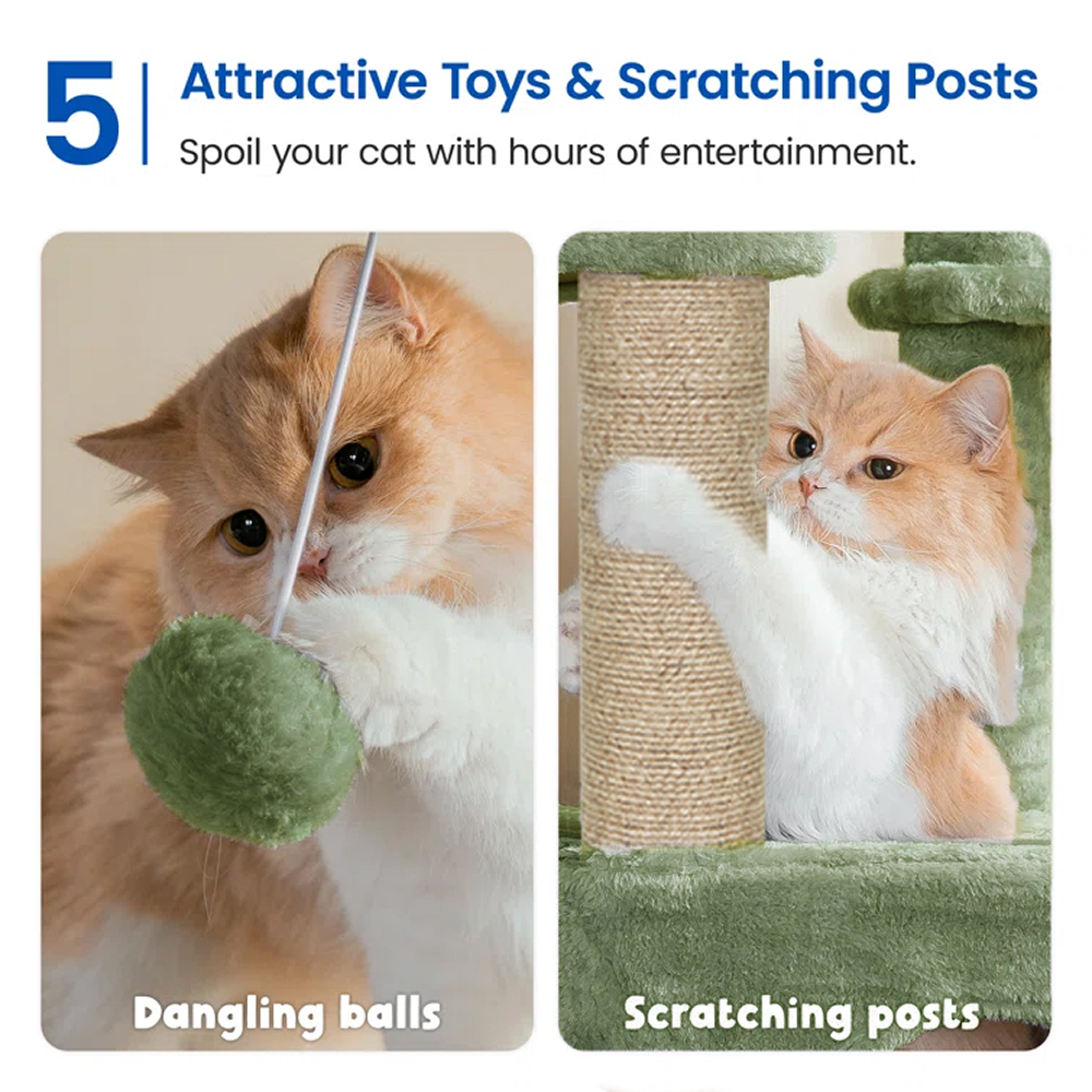 Furrlovers Multilevel Fur Fabric Cat Tree with Condos, Hanging Ball & Jute Rope Scratching Posts (Green)