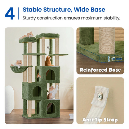 Furrlovers Multilevel Fur Fabric Cat Tree with Condos, Hanging Ball & Jute Rope Scratching Posts (Green)