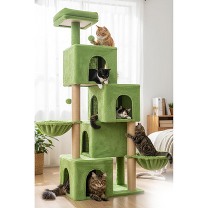 Furrlovers Multilevel Plush Cat Tree with Condo, Hammock & Jute Rope Scratching Posts (Green)