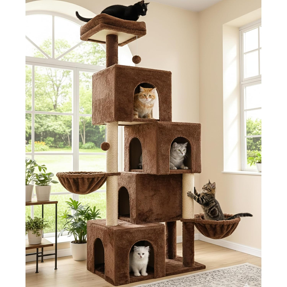 Furrlovers Multilevel Plush Cat Tree with Condo, Hammock & Jute Rope Scratching Posts (Brown)
